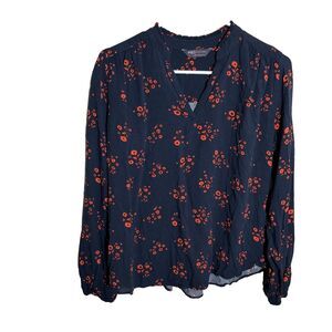 M&S Collection Blouse Women's 6 Navy Blue V-Neck Long Sleeve Floral Top Casual